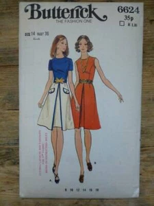 Vintage 70er Butterick 6624 Misses halb tailliertes A-Linie Kleid - 36" Gr. 14 Schnittmuster - Bild 1 von 2
