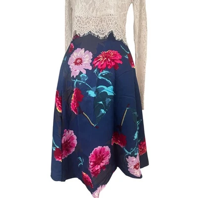 Falda midi Banana Republic azul marino floral línea A audaz estampado botánico, talla 4 Foto 1 de 4