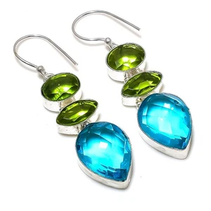 Swiss Blue Topaz, Peridot Gemstone 925 Sterling Silver Jewelry Earring 2.13" - Picture 1 of 5
