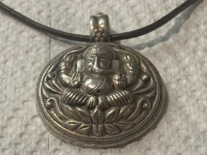 Vintage Kankiten Ganesh Sterling Silver Pendent Leather Chain 925 Clasp - Picture 1 of 17