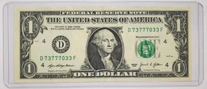 LUCKY 777 Trinary $1 One Dollar Bill Fancy Serial Number 73777033 Series 2021 - Picture 1 of 2