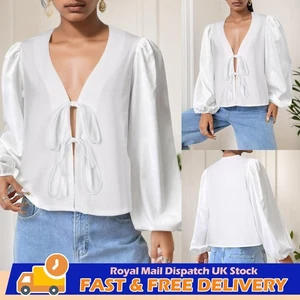 Women Lace Up Sexy V Neck Shirts Tops Ladies OL Work Long Sleeve Party Blouse - Picture 1 of 14