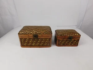 Vintage Bombay Set of 2 Nesting Wood Metal Woven Storage Boxes Hinged Lids Latch - Picture 1 of 24
