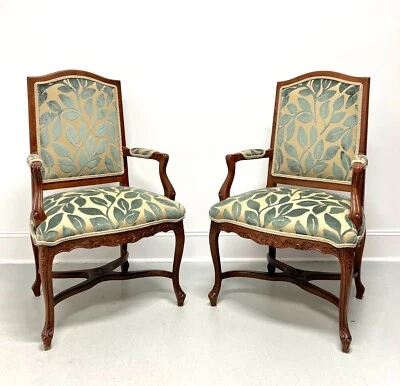 20th Century French Country Louis XV Walnut Fauteuils Open-Arm Armchairs - Pair - Image 1 of 4