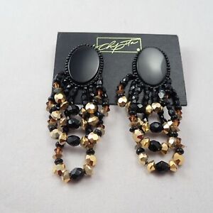 Chipita Black Onyx Gold Metallic Tiered Dangle Crystal Pierced Earrings on Card