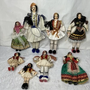 Lot 8 Vintage Greek Woman Man Child Doll Souvenir Traditional Costume Tsolia - Picture 1 of 13