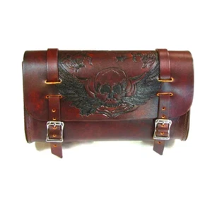 Leather Antique Brown Motorcycle Tool Bag - USA Made Cowhide Embossed Skull - Bild 1 von 1