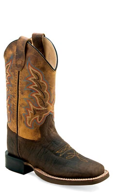 Old West Children Unisex Broad Square Toe Burnt Dark Brown Leather Cowboy Boots - Image 1 of 2