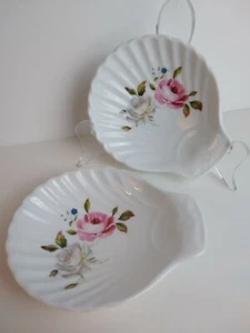 Royal Worcester Porcelain Shell Shaped (2pc) Dishes Pink White Rose Blue Flowers - Picture 1 of 9