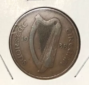 1935 IRELAND 1 PENNY (PINGIN) -BRONZE HEN&CHICKS COIN-30.9MM-KM#3 - Picture 1 of 4