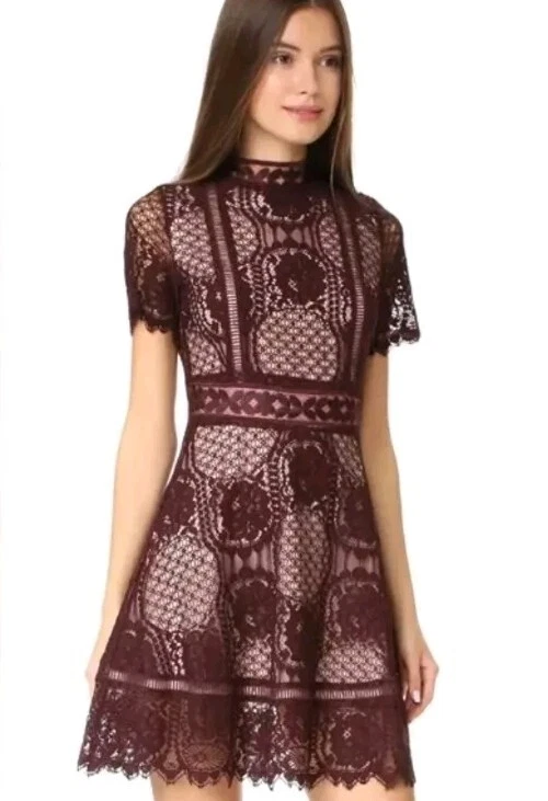 Women's BB Dakota Aria Burgundy Lace Crochet Lined Empire Waist Mini Dress Sz 4 - Image 1 of 4