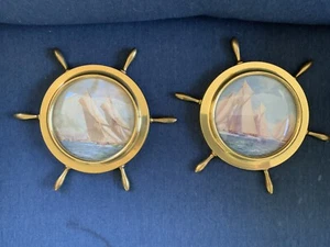 PAIR MCM Brass Finish With Curved Glass Ship Wheel Framed Nautical Scenes 8” - Picture 1 of 11