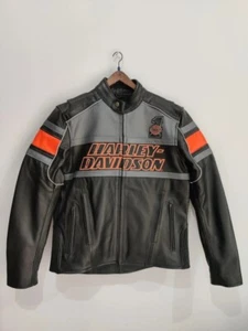 Chaqueta de cuero para motocicleta Harley-Davidson para hombre negra gris naranja #1 logotipo paseo - Imagen 1 de 12