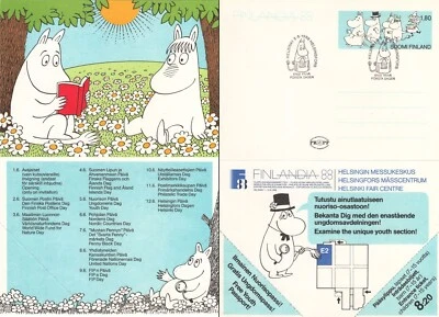 Boleto Moomin Free Fair Centre Helsinki Finlandia usado FDC tarjeta estacionaria 1988 Foto 1 de 3
