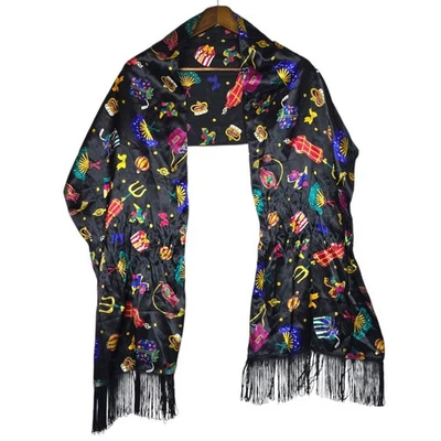 Xale vintage Diane Von Furstenberg preto cachecol envoltório tesouros de férias DVF - Imagem 1 de 4