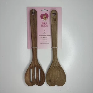PARIS HILTON 2 PIECE Acacia Wooden Heart Spoon Set Slotted And Solid New - Picture 1 of 10