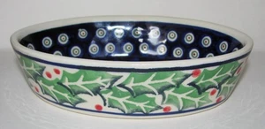 Holly and Dots Boleslawiec Polish Pottery Small Individual Oval Baker 6 1/8" - Picture 1 of 5