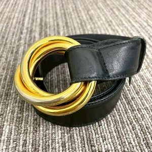 Salvatore Ferragamo Belt Black Leather double ring Gold Bukle women from Japan - Picture 1 of 24