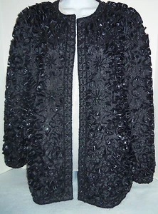 PINBY CREATION BLACK BEAD SEQUIN PUFFY FLOWER BLAZER JACKET VINTAGE Medium - Picture 1 of 12