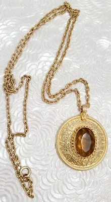 Vintage Emmons Amber Colored Glass Pendant Goldtone Necklace 25" Signed  Foto 1 de 3