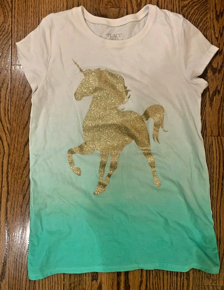 Childrens Place Unicorn Top Girls Large 10 12 Gold Glitter Aqua and White - Image 1 of 1