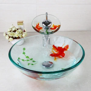 Bathroom Sink Bowl Vessel Basin Goldfish Glass Chrome Waterfall Faucet Drain Set - Picture 1 of 9