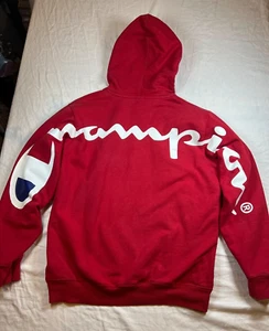 Felpa con cappuccio uomo M Supreme Champion stampa posteriore Spellout rossa SS18 streetwear - Foto 1 di 20