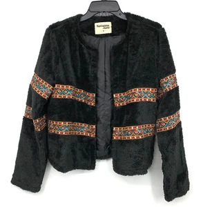 Savanna Jane Jacket Womens Medium Black Embroidered Aztec Faux Fur Open Front - Picture 1 of 9