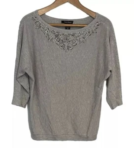 WHBM Knit Top S Small Gray Embellished Boatneck Sweater Lightweight Classic - Picture 1 of 9