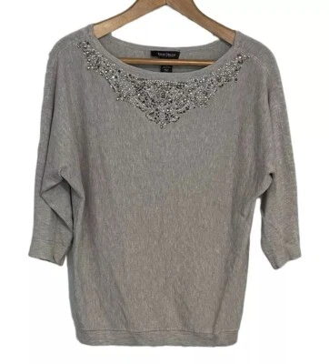 Suéter WHBM Tejido Top S Pequeño Gris Adornado Cuello Barco Ligero Clásico Foto 1 de 4