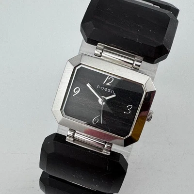 VTG Fossil Quartz Watch Women Silver Steel Solid Wood Band Rectangle New Battery - image 1 of 4