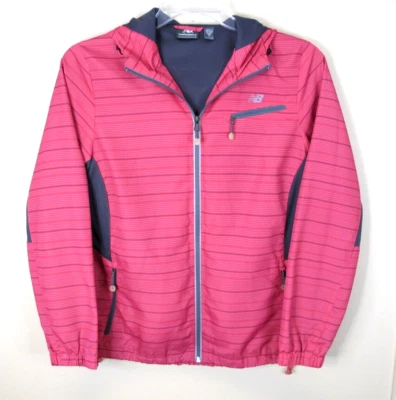 Chaqueta cortavientos New Balance cremallera completa con capucha para mujer mediana rosa a rayas Foto 1 de 4