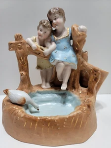 Vintage Bisque Porcelain Planter/Vase with Two Girls & Swan - Picture 1 of 13