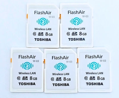 TOSHIBA FlashAir Wifi SD-Card 8GB Lot of 5 W-03 Photo Transfer Excellent JAPAN - Image 1 of 3