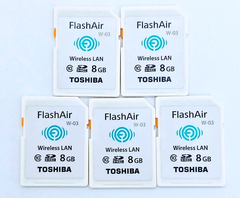 TOSHIBA FlashAir Wifi SD-Card 8GB Lot of 5 W-03 Photo Transfer Excellent JAPAN - Image 1 of 3