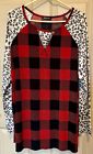 HEIMISH USA Size 3X Tunic Top, Red & Black Buffalo Plaid w/Leopard Print Sleeves