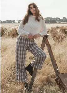 GHANDA Oxford Beige Cream Tartan Check High Waist Pleat Wide Leg Cotton Size 8 - Picture 1 of 8