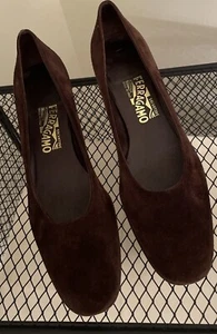 VTG Salvatore Ferragamo Women Brown Suede Slip On Shoes Block Heel 9.5 AAA Italy - Picture 1 of 20