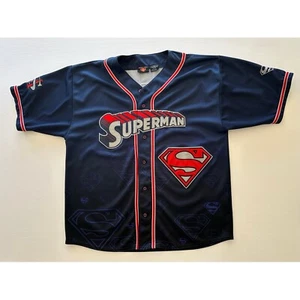 Vintage Superman Baseball Jersey Mens XL Button Up DC Warner Bros Logo Patch - Picture 1 of 13