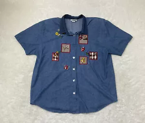 Teddi Womens Size 1X Embroidered Floral Short Sleeve Button Up Blue Denim Shirt - Picture 1 of 10