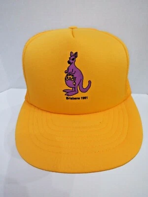 Vintage RARE Brisbane 1991 Purple Kangaroo Australia Yellow Mesh Trucker Cap Hat - Image 1 of 4