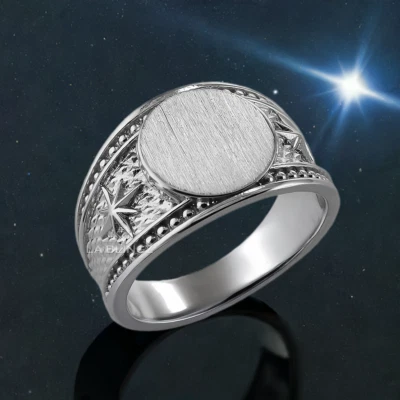 Sterling Silver Northern Star Brushed Round Signet Ring for Men - Image 1 of 4