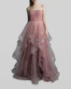 $580 Basix Women's Pink Embellished Organza Ruffle Gown Size 6 - Picture 1 of 3