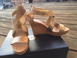 NEW ADRIENNE VITTADINI  DARK YELLOW SUMMER STRAPPY WEDGE SANDAL LEATHER 9/9.5 - Picture 1 of 5