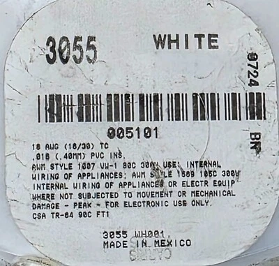 Alpha Wire 3055 #18awg cobre estañado conexión/plomo 300V 105C UL-1569 BLANCO/100 pies Foto 1 de 4
