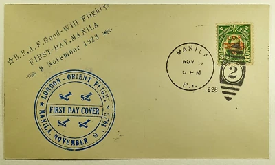1928 Manila Filipinas BRAF Buena Voluntad Londres Oriente Vuelo Primer Día Cubierta Foto 1 de 2