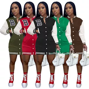 Women's Casual Long Sleeve Button Down Short Dress Wrap Baseball Club Mini Dress - Picture 1 of 10