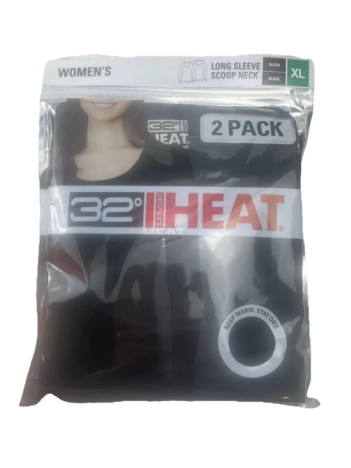 2pk 32 Degrees Heat Base Layer Shirt Top Size XL Black Long Sleeve Scoop