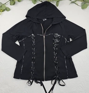 Giacca con cappuccio Tripp NYC Goth Alternative nera stringata full zip taglia 2 - Foto 1 di 13