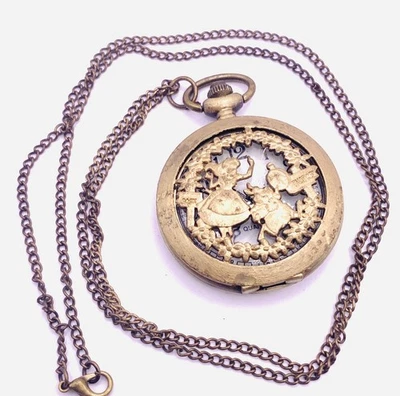Disney Alice in Wonderland Brass Pocket Watch With Chain White Rabbit New Batt. - Image 1 of 4